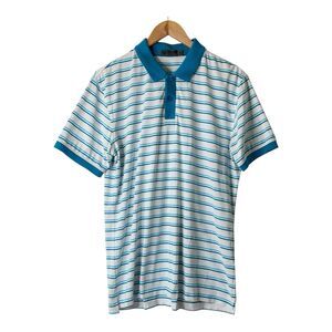G/FORE Polo Shirt Mens Size M White Blue Striped Golf Performance Stretch Casual